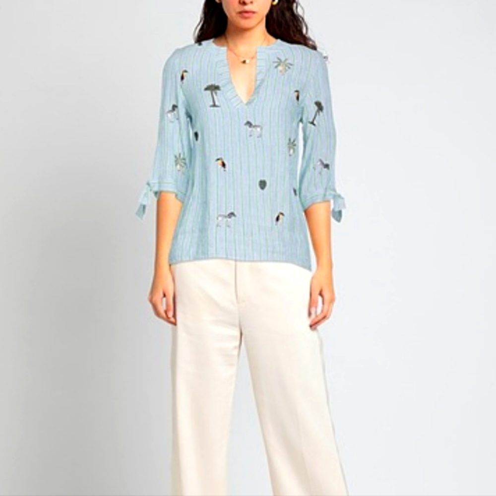 Vilagallo Jungle Safari Blue Chambray Stripe Tunic Top